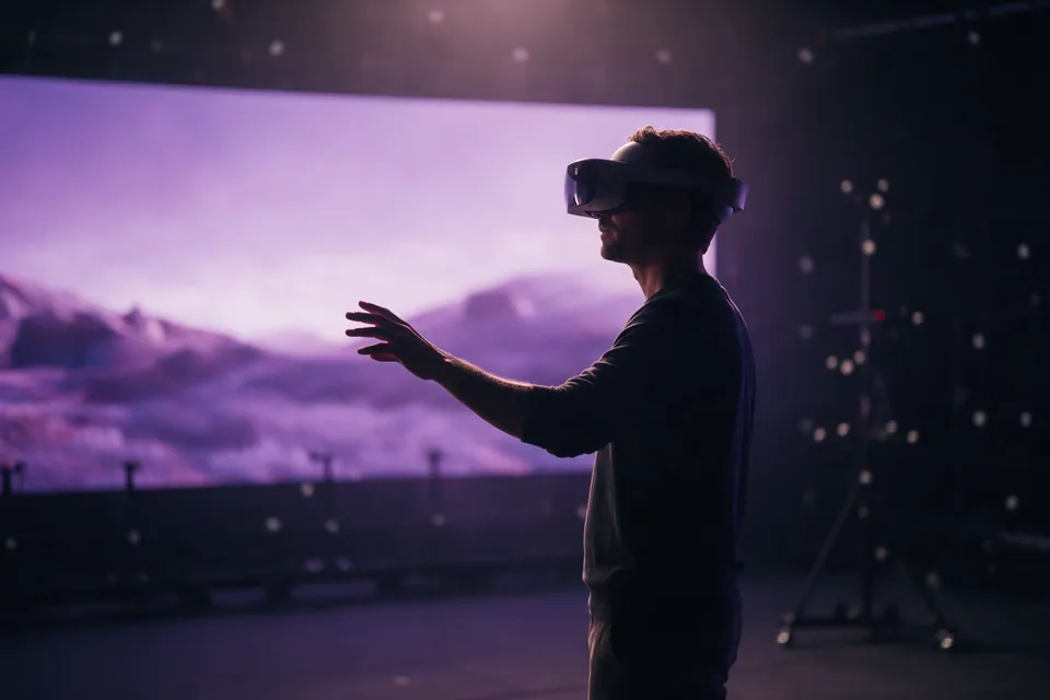 Hombre probando una experiencia de realidad virtual frente a una pared LED en un estudio