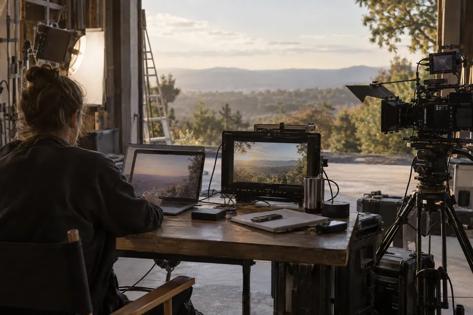 Estación portátil de producción conectada a una cámara cinematográfica en un set